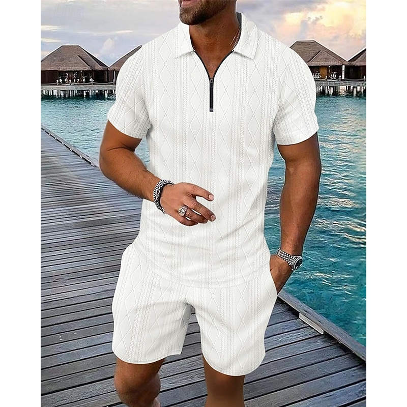 Men's Quarter Zip Polo Golf Shirt Daily Holiday Lapel Short Sleeve Fashion Basic Plain 2 Piece Jacquard Summer Regular Fit Black White Blue Khaki Army Green Gray Quarter Zip Polo