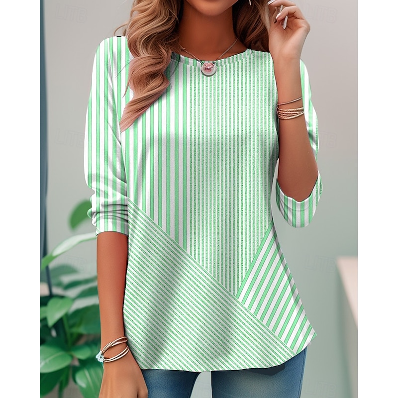 Women's T shirt Long Sleeve Crew Neck Long Sleeve Tunic Graphic Geometric Striped Elegant Vintage Regular Tops Daily Going out Weekend Print Pink Blue Purple Orange Green Prefall4