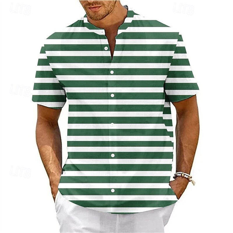 Men's Shirt Summer Shirt Casual Shirt Beach Shirt Button Up Shirt Light Pink Black Pink Red Royal Blue Short Sleeve Stripes Band Collar Vacation Hawaiian Clothing Apparel Polyester Fashion Casual4