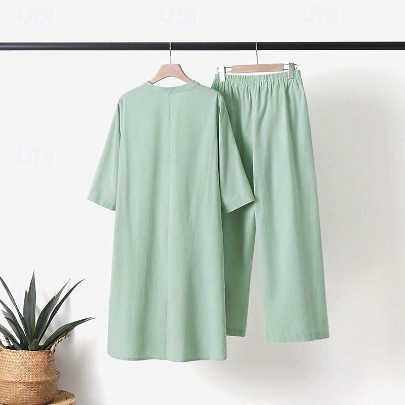Women's Fashion Basic Cotton Linen Shirts Blouse Pants Sets Long Sleeve V Neck Solid Color Split Thigh Outdoor Casual Daily Light Green Army Green Dark Navy Summer Regular Fit4