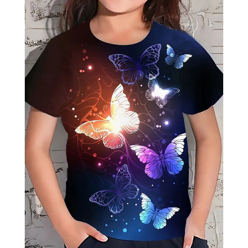 Kids Girls' T shirt Butterfly Outdoor Short Sleeve Crewneck Streetwear 4 years+ Summer Black Red Blue3
