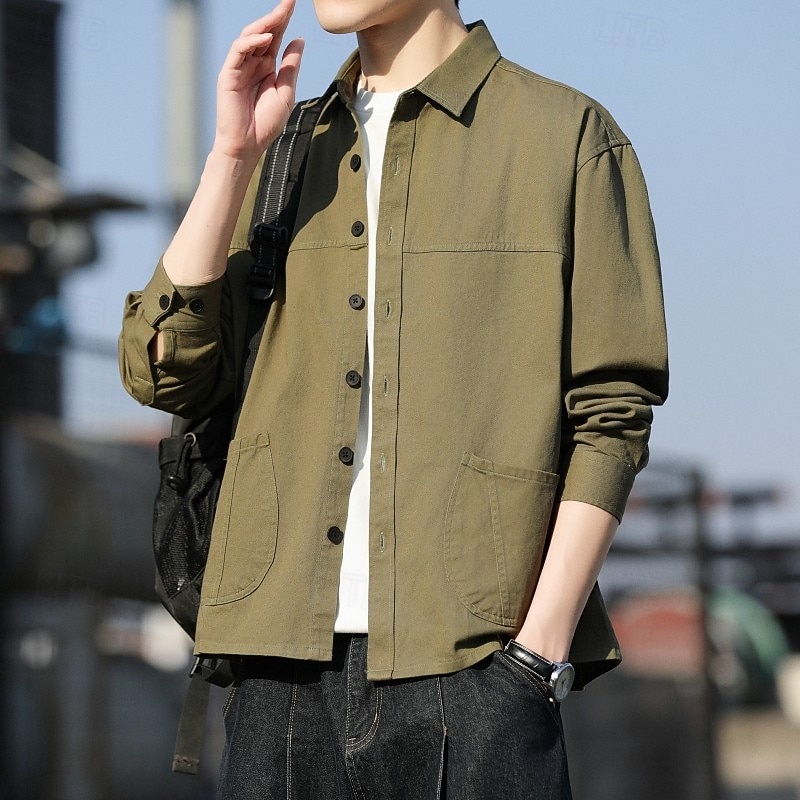 Men's Shirt Casual Shirt Shirt Jacket Plain Vacation Daily Wear Black Orange Army Green Coffee Long Sleeve Lapel Spring Autumn / Fall Clothing Apparel Pocket3