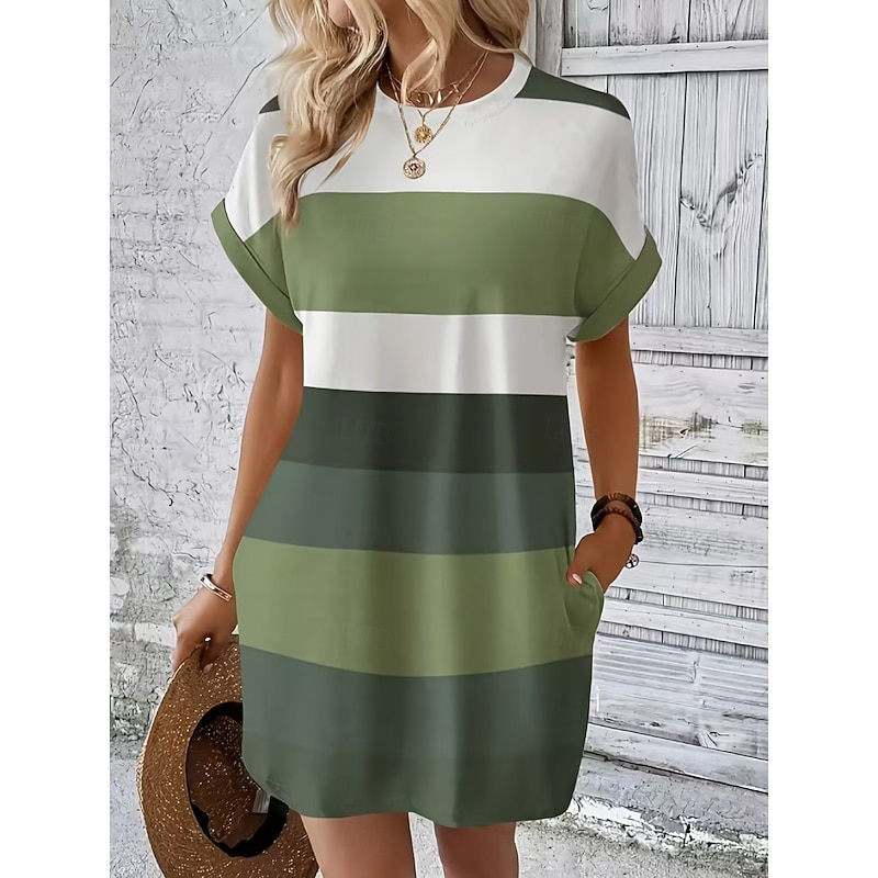 Women's Mini Dress T Shirt Dress Tee Dress Shift Dress Casual Outdoor Daily Holiday Regular Fit Stripe Short Sleeve Crew Neck Orange Green Summer