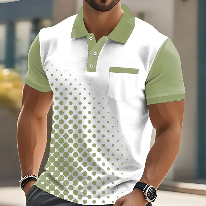 Male Geometic Polo Short Sleeve Turndown Business Sports & Outdoor Business Athleisure Buttons Pocket Summer Robin's Egg Blue Black Green4