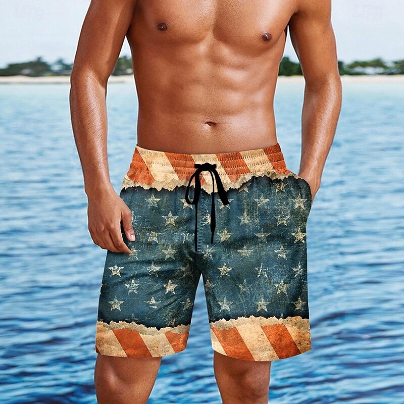 Independence Day Men's US Flag Patriotic Fourth of July Swim Trunks Swim Shorts Board Shorts Mid Waist Retro Vintage Holiday Side Pockets Mesh Lining Elastic Drawstring Waist Designer Clothing Apparel