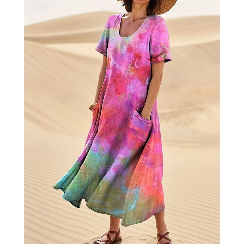 Women's Long Dress Maxi Dress Casual Dress Swing Dress Summer Dress Elegant Fashion Romantic Outdoor Party Holiday Regular Fit Flower Short Sleeve Crew Neck Purple Rainbow Rose Red Summer