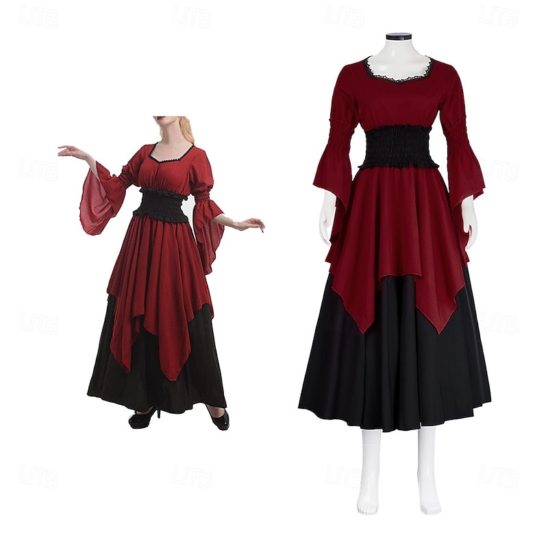 Retro Vintage Victorian Medieval Dress OverDress Flare Cuff Sleeve Ruffle Sleeve Trumpet Sleeve Lady Viking Irish Square Neck Fancy Dress Women's Halloween Masquerade Casual Daily Renaissance Fair - Main Image