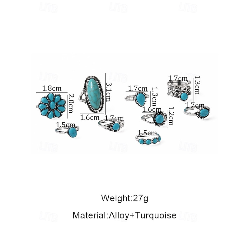 Women's Boho Turquoise Ring Set – Vintage Alloy Stackable Rings with Gemstone Accents for Western Style, Festivals or Daily Wear3