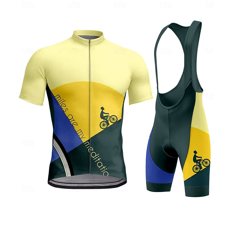 Men's Cycling Jersey with Bib Shorts Short Sleeve Yellow Bike Sports Graphic Geometric Letter & Number Clothing Apparel