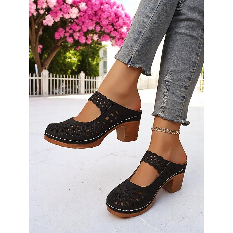 Women's Slip-On Hollow Out Chunky Heel Mules – Faux Leather Vintage Sandals, Perfect for Casual Strolls, Backyard Brunch, Outdoor Art Fair and Spring Travel
