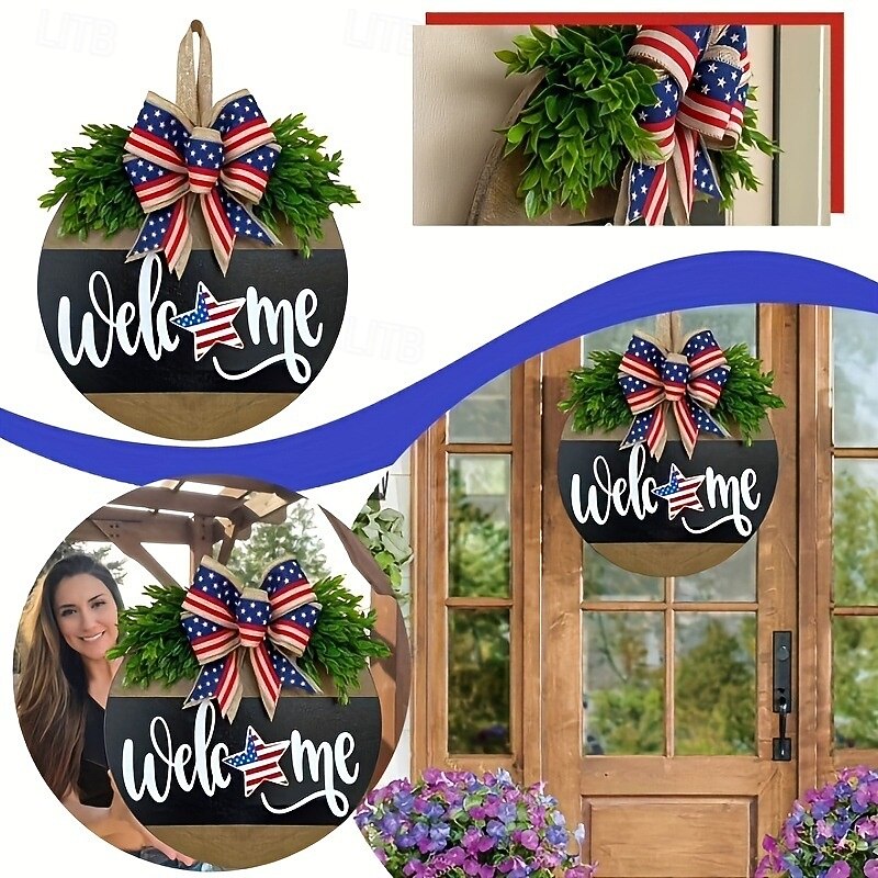 Patriotic Wooden Door Sign Decoration for Independence Day 4th of July, USA Flag Red White Blue Welcome Hanging Outdoor Wall Decor3