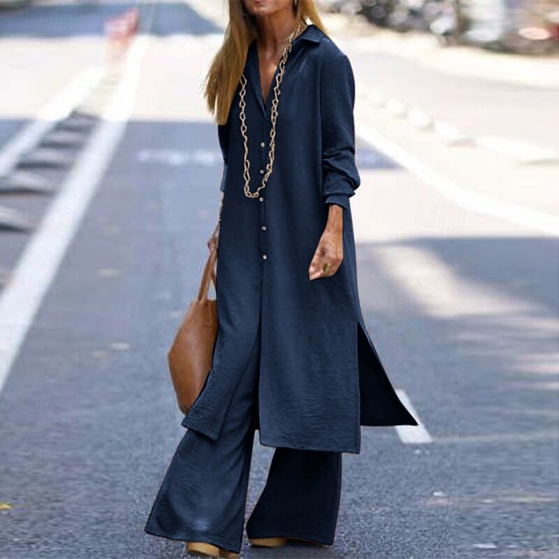 Women's Active Fashion Blouse Pants Sets Long Sleeve Shirt Collar Solid Color Dubbele Rij Knopen Vacation Holiday Army Green Dark Navy Khaki Summer Regular Fit3