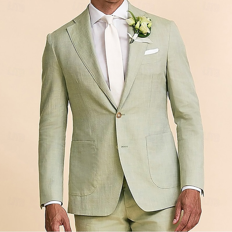 Men's Wedding Casual Linen Suits Sage Summer Fashion Daily Solid Colored Standard Fit 2 Piece Single Breasted Two-buttons2