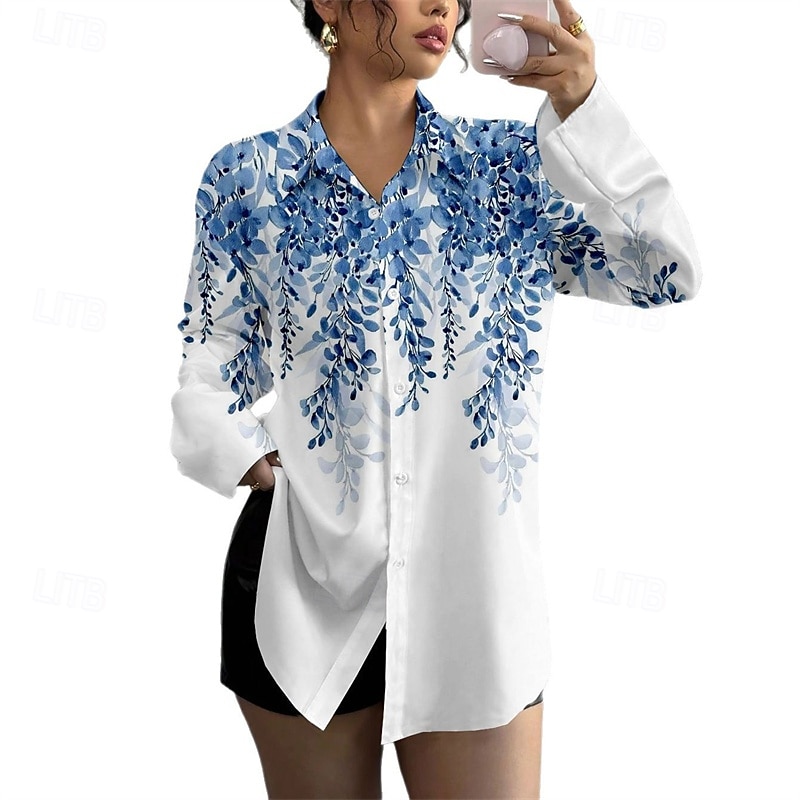 Women's Shirt Flower Daily Stylish Casual Long Sleeve Shirt Collar Regular Tops Work Daily Holiday Buttons Blue Spring Fall2