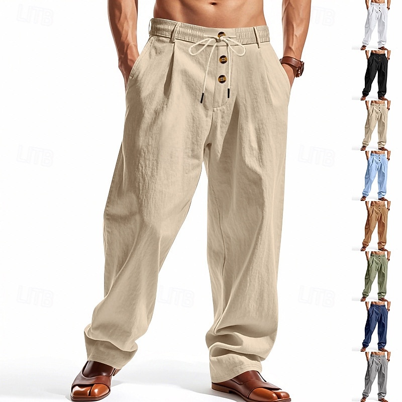Men's Linen Pants Trousers Summer Pants Beach Pants Pocket Drawstring Elastic Waist Plain Comfort Breathable Vacation Daily Holiday Hawaiian Boho Light Khaki Black Micro-elastic