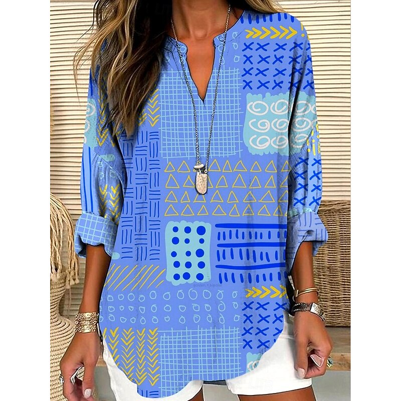Women's Blouse Tunic V Neck Long Sleeve Boho Casual Tops Floral Graphic Elegant Stylish Regular Tops Daily Print Blue Green2