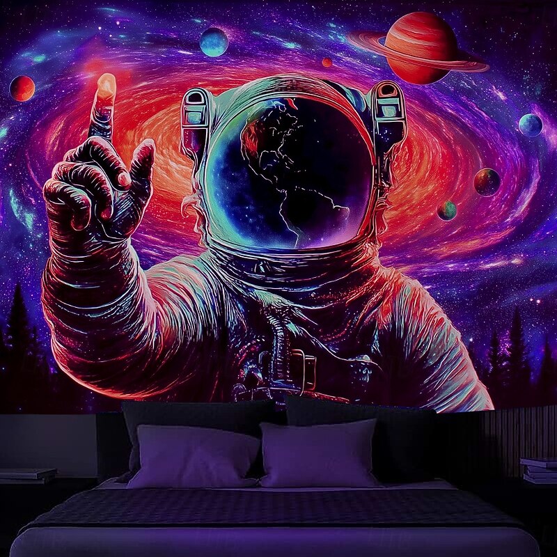 Blacklight Tapestry Glow in the Dark Glow Party UV Reactive Astronaut Trippy Misty Hanging Tapestry Wall Art Mural for Living Room Bedroom