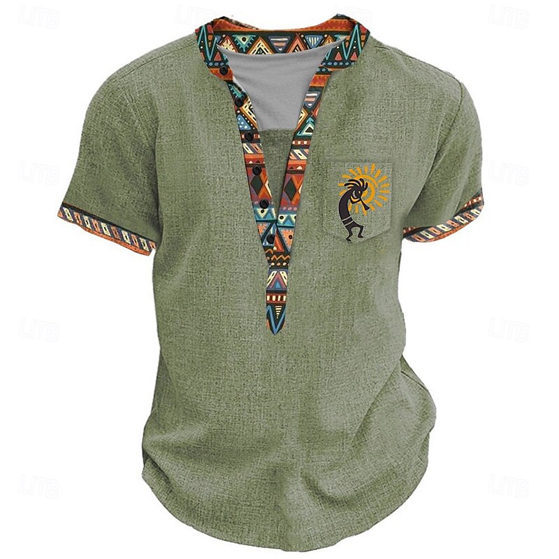Men's Tribal Ethnic T Shirt Henley Shirt Tee Short Sleeve Designer Basic Ethnic Outdoor Casual Daily Summer Black Light Green Light Blue Khaki Henley Henley T-Shirt