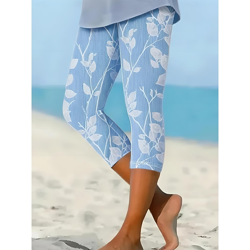 Women's Leggings Capri Pants 3D Print Vacation Vintage Fashion Calf-Length High Waist Floral Graphic Printing Stretchy Vacation Street Causal Robin's Egg Blue Black White Blue Summer Spring Slim Fit2