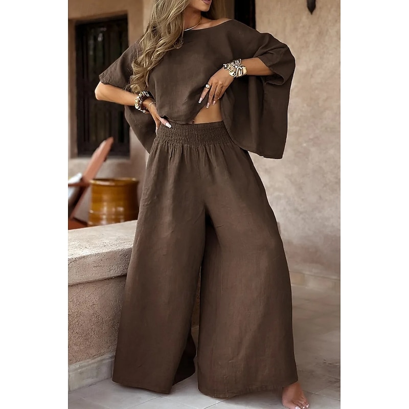 Women's Streetwear Basic Cotton Linen Sets Half Sleeve Crew Neck Solid Color Daily Wear Black White Red Summer Regular Fit