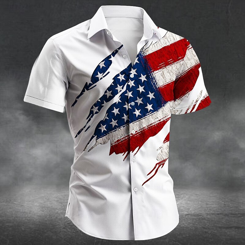 Independence Day Men's US Flag Patriotic Fourth of July Shirt Summer Shirt Button Up Shirt Short Sleeve Fashion Casual Holiday Festival Summer Spring Turndown 3D Print Collared Shirts White Blue Dark3
