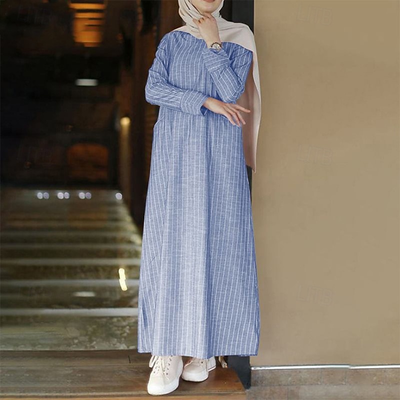 Women's Long Dress Maxi Dress Cotton Linen Dress Classic Modern Outdoor Vacation Holiday Regular Fit Striped Long Sleeve Crew Neck White Blue Gray Summer