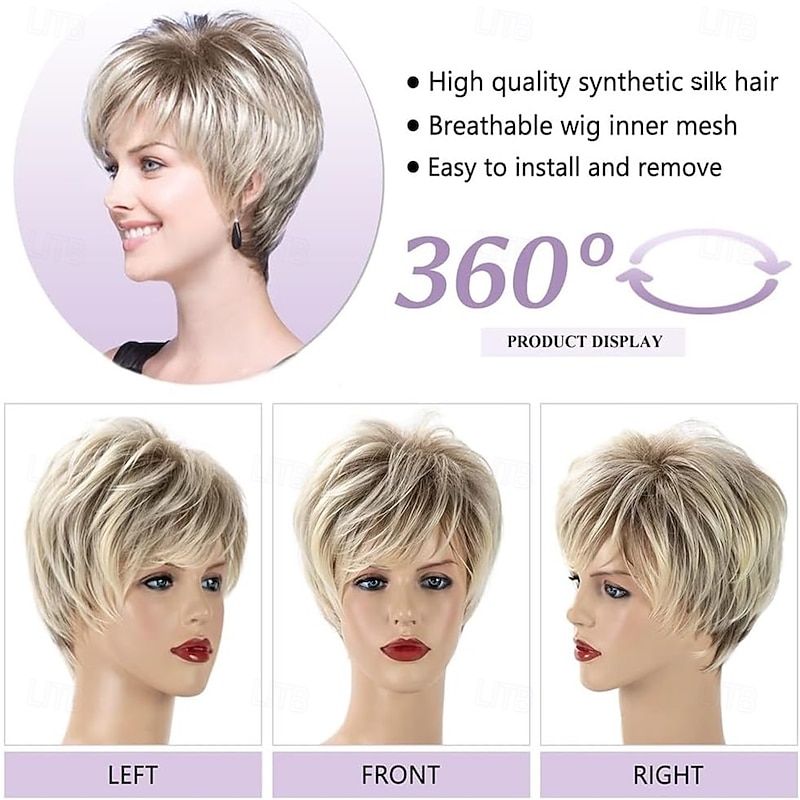 Short Blonde Wigs for Women Pixie Cut Wig with Bangs Ladies Natural Layered Synthetic Hair Wig Blonde Mix White Wig for Daily Fancy Dress Accessory Costume Cosplay Halloween Party Use4