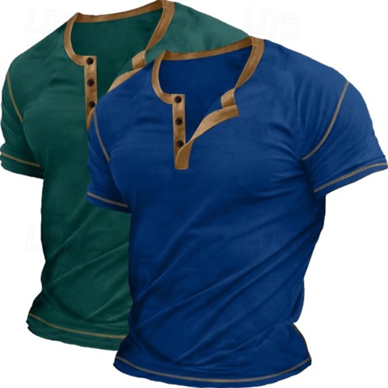 2 Piece Men's Henley Shirt Tee Top Short Sleeve Plain Raglan Sleeve Fashion Designer Basic Button Up  2 Pack Henley Vacation Street Casual Summer All Season4
