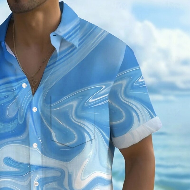 Men's Geometric Gradient Waves Shirt Summer Shirt Button Up Shirt Short Sleeve Fashion Casual Outdoor Vacation Dailywear Summer Spring Turndown 3D Print Collared Shirts Front One Pocket White Blue2