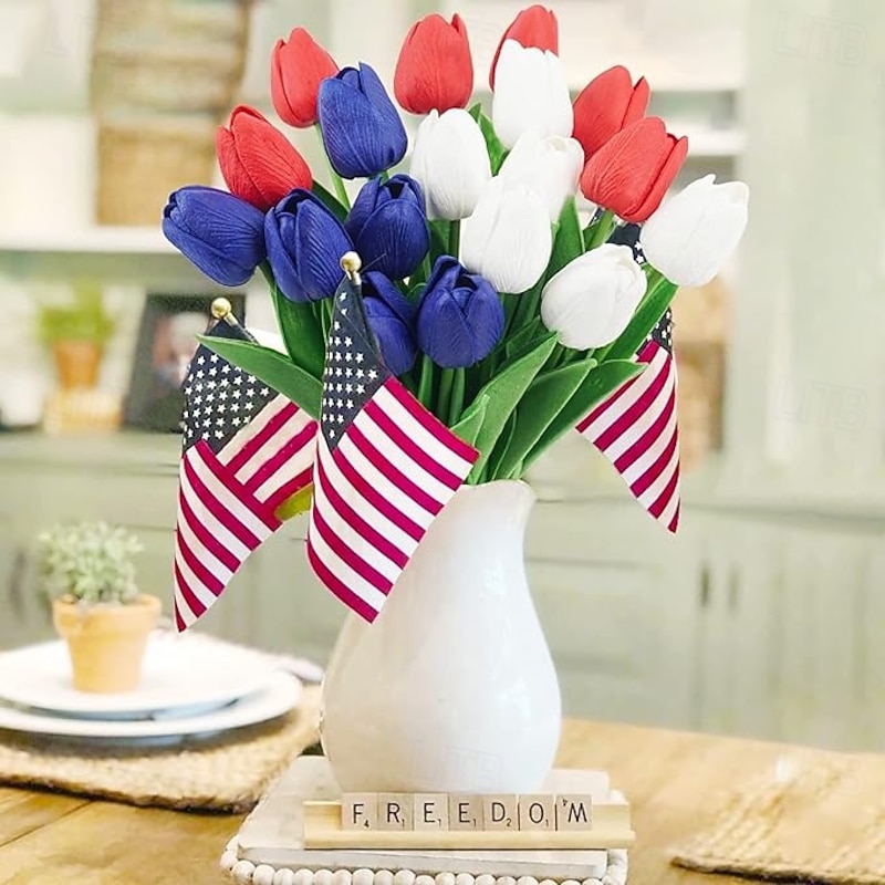 18 Pcs Real Touch Tulips Artificial Patriotic Flowers for 4th of of July Decoration Cemetery Flowers for Grave Vase Memorial Day Independence Day Decor2