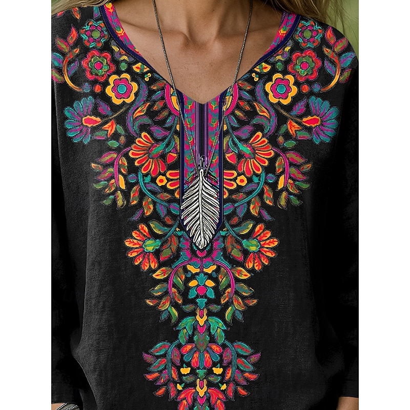 Women's Blouse Floral Graphic Geometric Bohemia Vintage Hawaiian Long Sleeve V Neck Regular Tops Ruched Print Black White Green Summer Spring3
