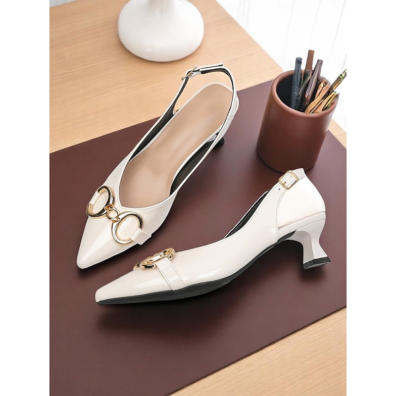 Women's Green Glossy Slingback Kitten Heels with Buckle Detail – Elegant Pointed Toe Pumps, Perfect for Office Attire, Conference Looks, Cocktail Events & Summer Work Outfits