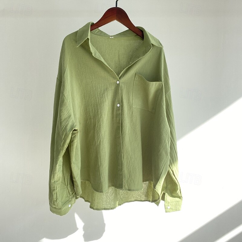 Women's Shirt Cotton Linen Shirts Blouse Plain Modern Casual Long Sleeve Shirt Collar Regular Tops Daily Holiday Going out Buttons Pocket Light Green Pink Blue Apricot Gray Summer