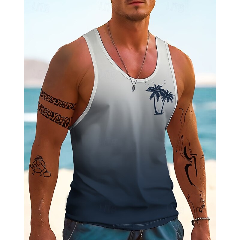 Men's Tank Top Vest Top Undershirt Sleeveless Shirt Sleeveless Crew Neck Summer Gradient Coconut Tree Fashion Designer Basic Print Vacation Street Going out Blue Orange Dark Blue Top Tee for Men3