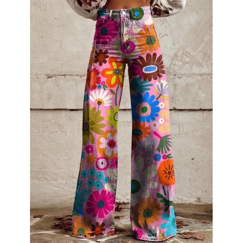 Retro Vintage Boho 1970s Pants Wide Legged Pants Hippie Disco High Waist Floral Daisy Faux Jeans Style Fancy Dress Women's Carnival Casual Daily Music Festival Retro Theme Party Adults' Pants