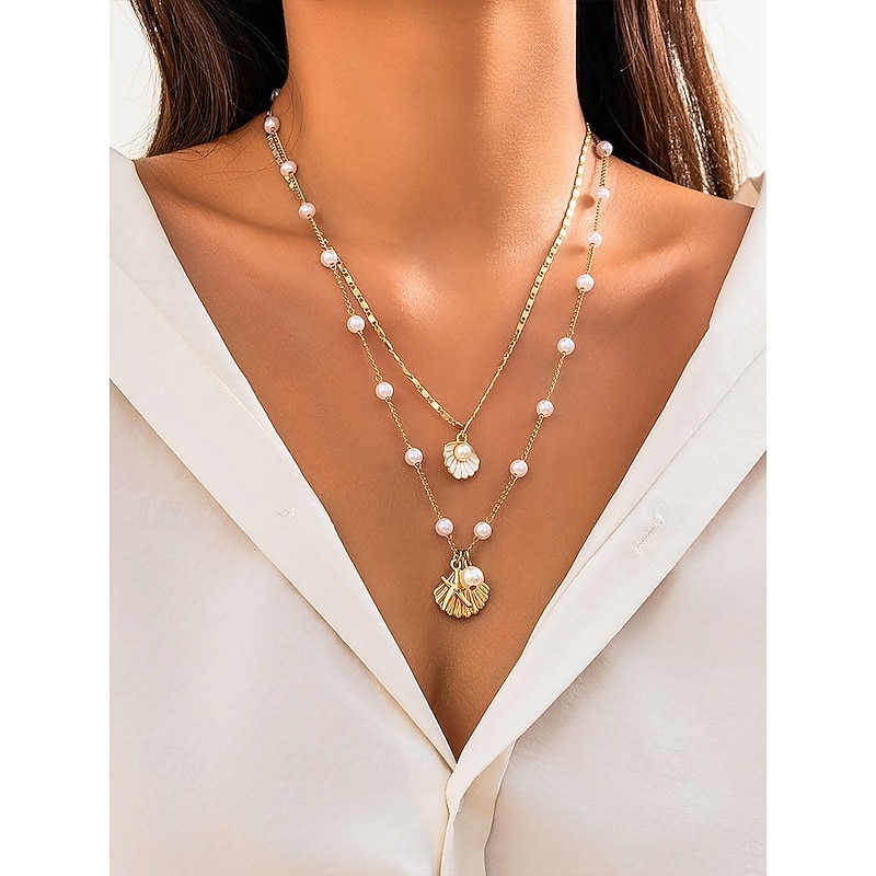 Women's Summer Beach Necklace with Pearl, Shell and Starfish Charms – Gold-Plated Layered Necklace for Vacation, Casual Outfits and Special Occasions2