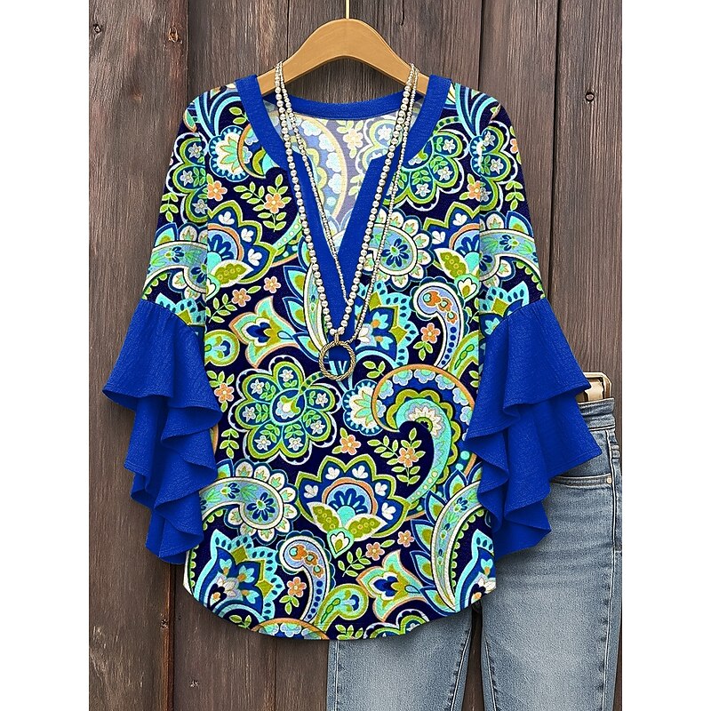 Women's Retro Blouse Layered Ruffle Sleeve Tops Vintage Floral Graphic Paisley Bohemia Vintage Daily 3/4 Length Sleeve Regular Tops Daily Holiday Vacation Wear Print White Red Blue Green4