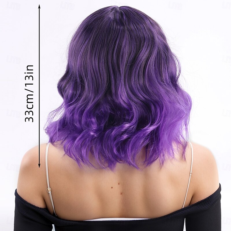 Synthetic Wig Wavy Water Wave Asymmetrical Neat Bang Machine Made Wig 14 inch A1 Synthetic Hair Women's Anime Classic Comfortable Purple2