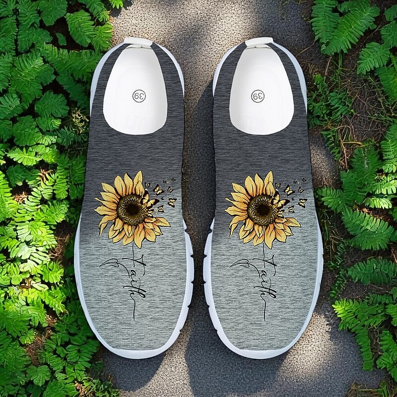 Women's Gray Fly-knit Slip-On Sneakers with Sunflower Print – Lightweight Casual Walking Shoes for Travel, Daily Wear and Spring Outings3