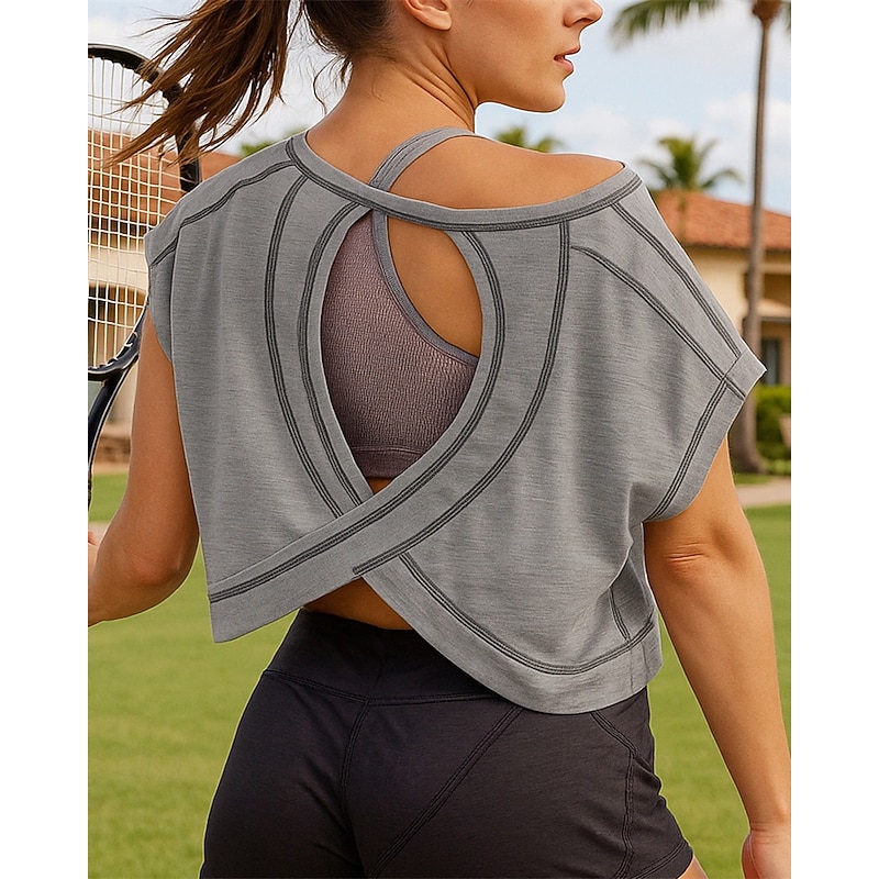 Women's Solid Colored Tennis Top Short Sleeves Backless Hole Sweat-Wicking Moisture Wicking Breathable Tennis Golf Pickleball Black Pink Gray Tennis Clothing