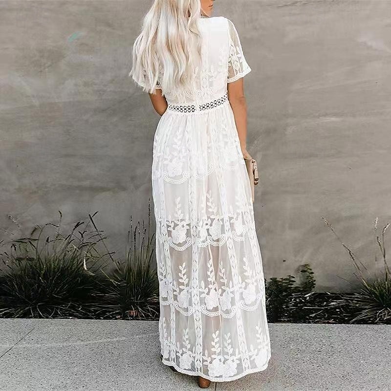 Women's Long Dress Maxi Dress Lace Dress Casual Dress Summer Dress Fashion Modern Daily Beach Weekend Regular Fit Plain Short Sleeve V Neck White Summer2