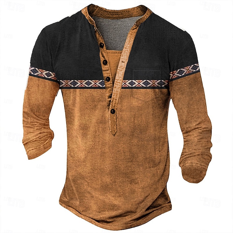 Men's Ethnic Henley Shirt Tee Long Sleeve Ethnic Casual Summer Spring Lake blue Black Light Green Navy Blue Henley Henley T-Shirt4