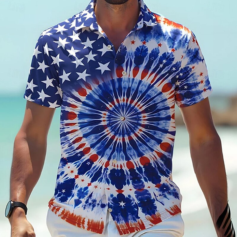 Independence Day Men's American US Flag Tie Dye Print Patriotic Shirt Summer Shirt Button Up Shirt Short Sleeve Fashion Casual Holiday Summer Spring Turndown 3D Print Collared Shirts Front One Pocket3