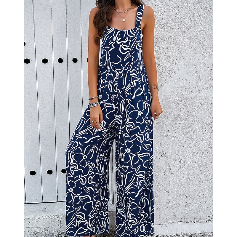Women's Normal Jumpsuit Streetwear Floral Sleeveless U Neck Pocket Print Daily Going out Regular Fit Black Navy Blue Summer