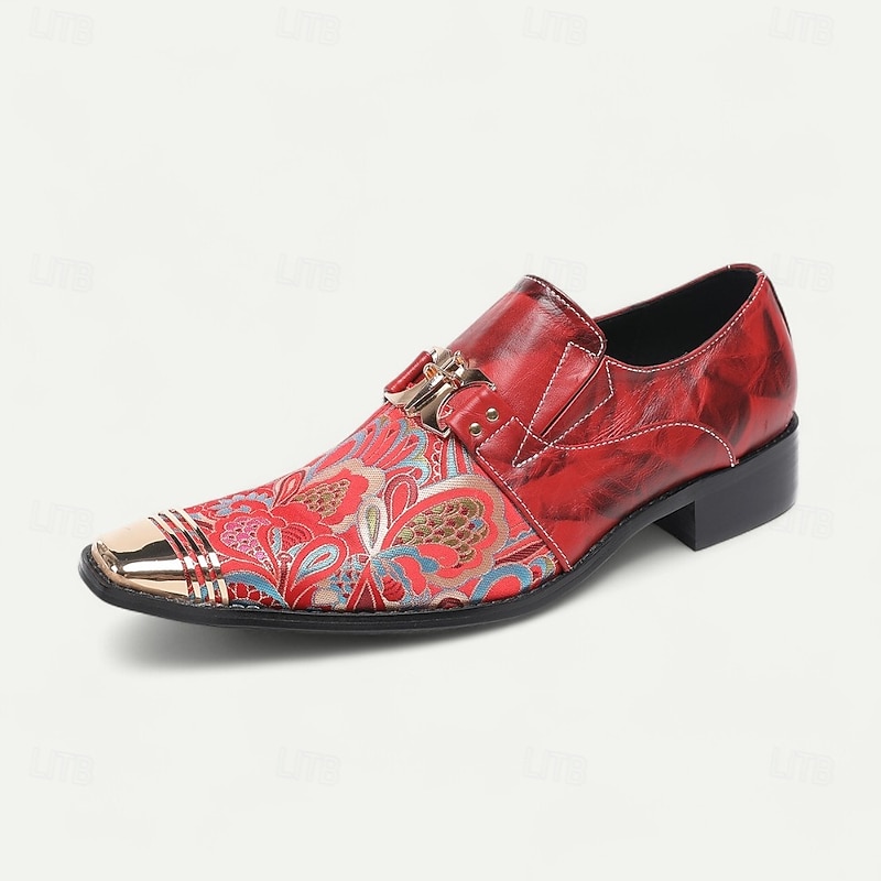 Men's Red and Gold Leather Dress Shoes with Gold Tip Paisley Pattern and Buckle Detail–Stylish, Premium, Perfect for Formal Events and Special Occasions3