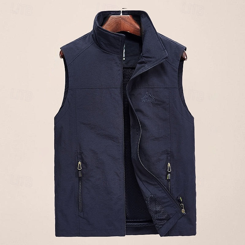 Men's Fishing Vest Sleeveless Vest Outdoor Casual Spring Fall Zipper Pocket Nylon Quick Dry Plain Zipper Army Green khaki Dark Blue Vest