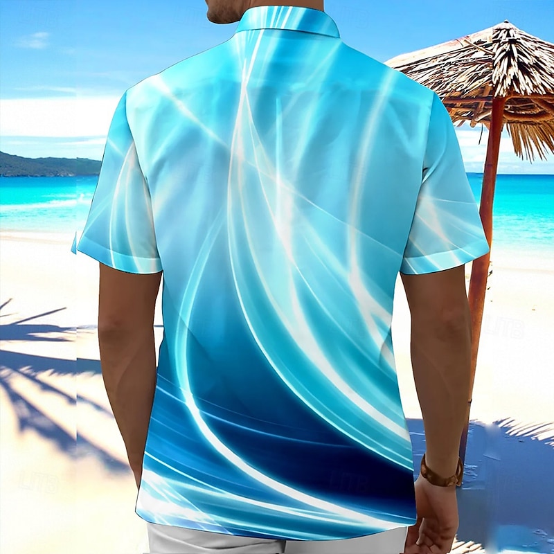 Men's Geometric Gradient Line Shirt Summer Shirt Button Up Shirt Short Sleeve Fashion Casual Outdoor Vacation Dailywear Summer Spring Turndown 3D Print Collared Shirts Front One Pocket Blue2