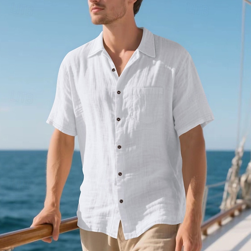 Men's Shirt Linen Shirt Casual Shirt Button Up Shirt Cotton Shirt Plain Vacation Street Black White Khaki Army Green Short Sleeve Turndown Summer Clothing Apparel Front Pocket