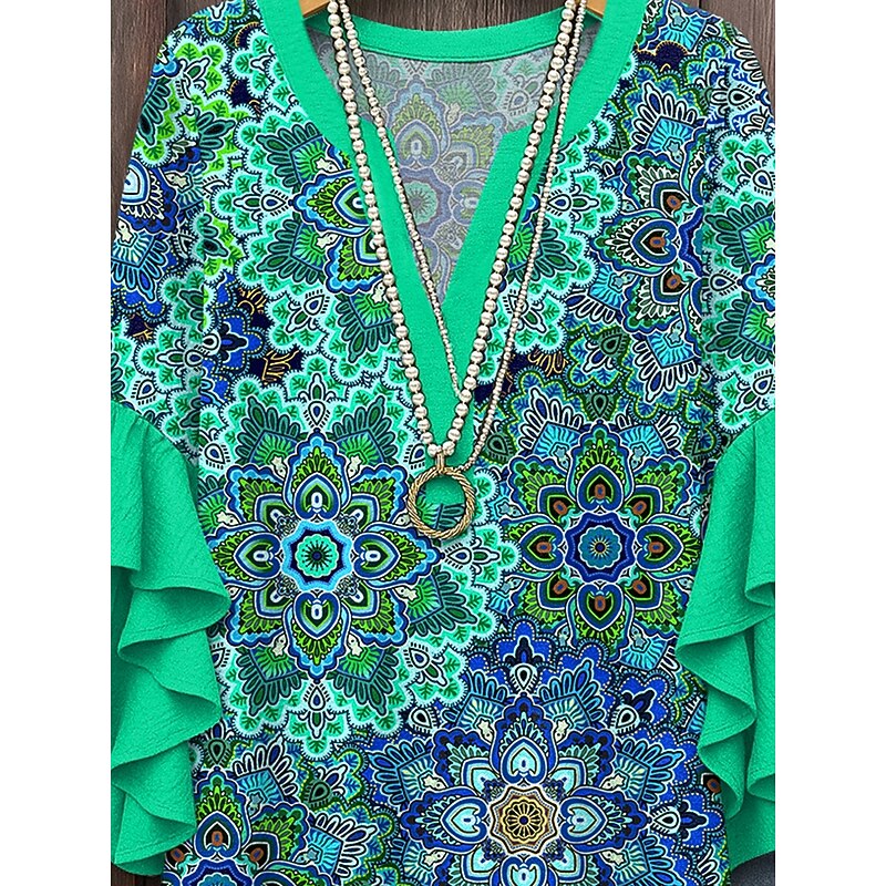 Women's Retro Blouse Layered Ruffle Sleeve Tops Vintage Graphic Geometric Vintage Daily Stylish 3/4 Length Sleeve Regular Tops Daily Holiday Vacation Wear Print Red Blue Purple Green Summer3