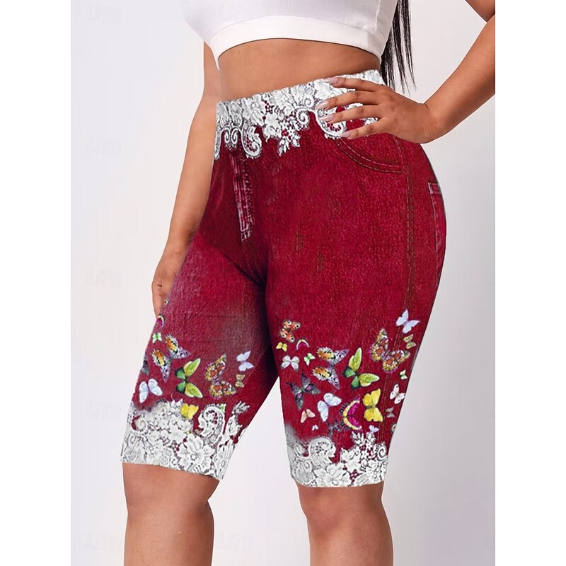 Women's Leggings Shorts 3D Print Chinos Vacation Casual Tights Short High Waist Floral High Cut Comfort Breathable Quick Dry Stretchy Outdoor Street Daily Wine Black Red Purple Summer Slim Fit3